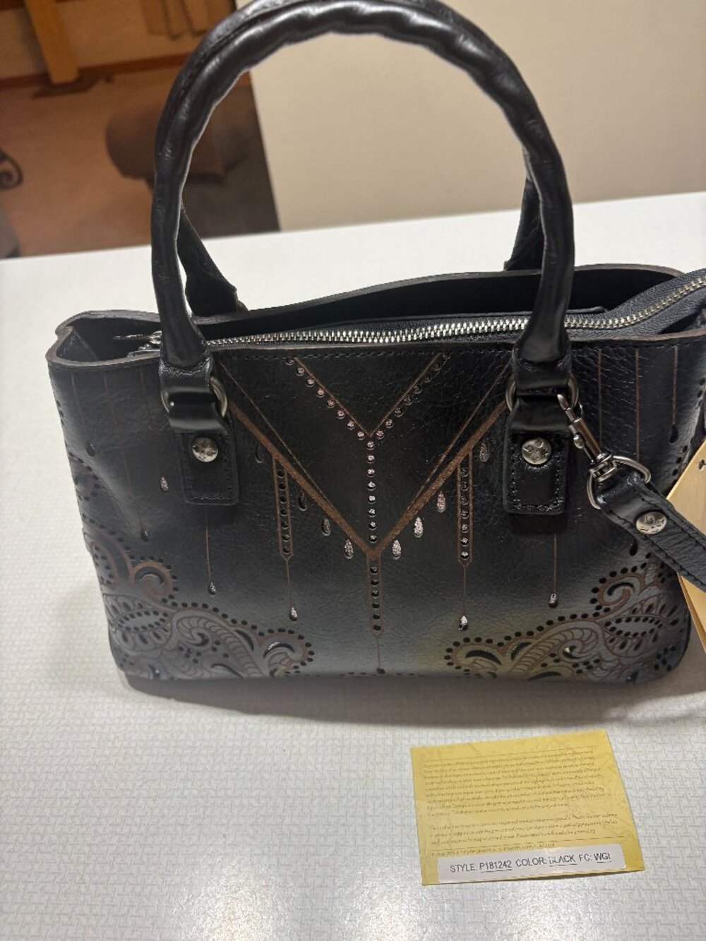 NWT Gorgeous Patricia Nash Black Leather Lazer cut Satchel/Crossbody